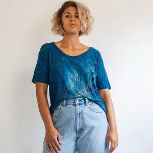 totally blown blue distressed t shirt / scoop neck t shirt / tie dye tee shirt s